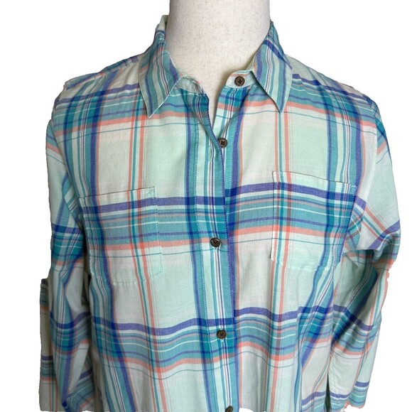 The North Face Tops - The North Face Button Up Blouse Women's Sz XL Blue Green Plaid Roll Tab Sleeves